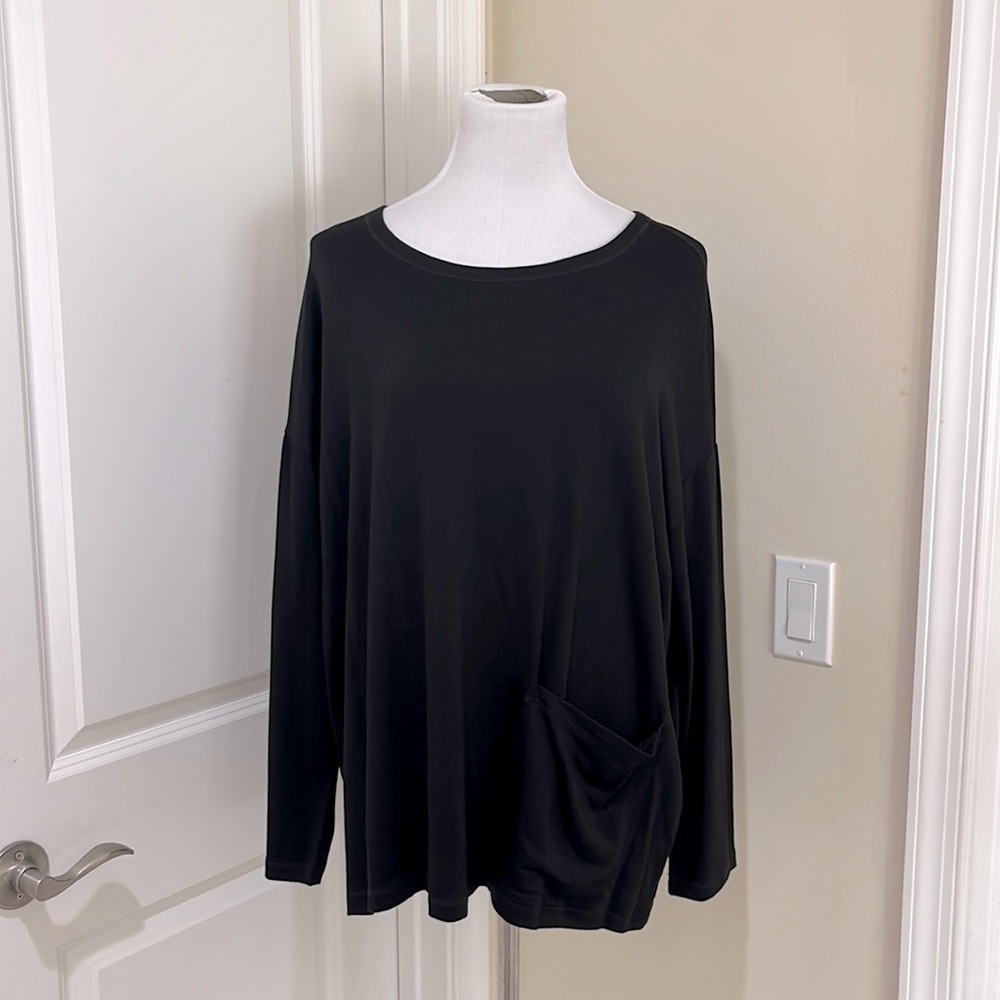 Eileen Fisher 3/4 Sleeve Stretch Round Neck Black Wash Pocket Tunic Top Size XL